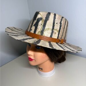 Women Men straw hat With Brown Band Wide Brim  Cowboy Animal Print Lightweight